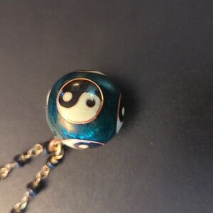 Vintage 90s Ying Yang Enamel Baoding Pendant on Black Glass Bead Necklace